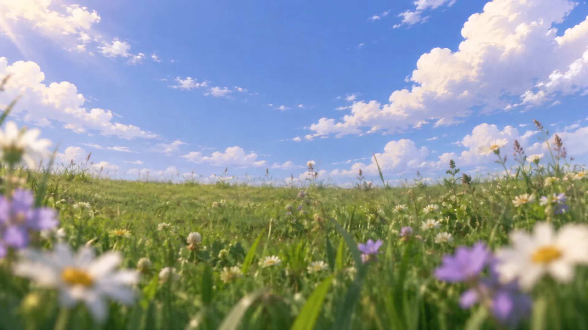 Wildflowers and living grass beneath an open summer sky