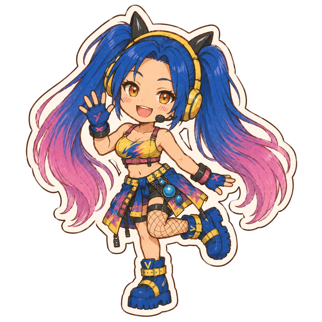 Sticker of the blue-haired Mutuals character with her yellow headset and blue-and-yellow boots