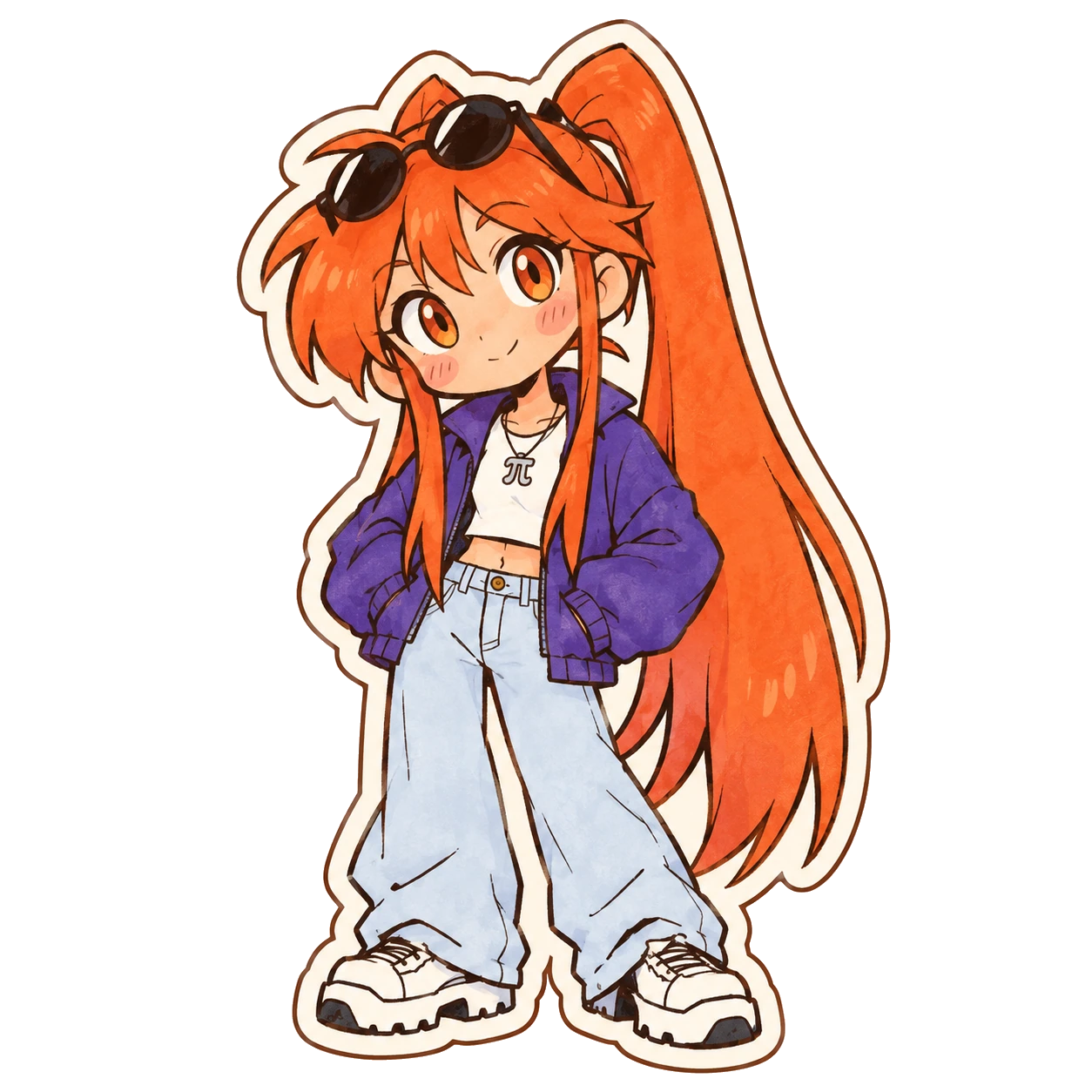 Sticker of the orange-haired Mutuals character in her purple jacket, sunglasses, π necklace, and pale jeans